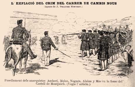 dessin de presse de l'exécutions des anarchistes à Barcelone