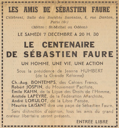 annonce du meeting pour le centenaire de Sébastien Faure