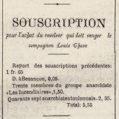 Souscription pour venger Louis Chave dans le journal Le Droit Social de mai 1885