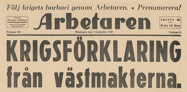 journal "Arbetaren" n203 du 4 septembre 1939