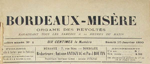 journal "Bordeaux-Misère" n1 de 1890