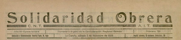 journal "Solidaridad Obrera" n151 de 1933 à La Coruña